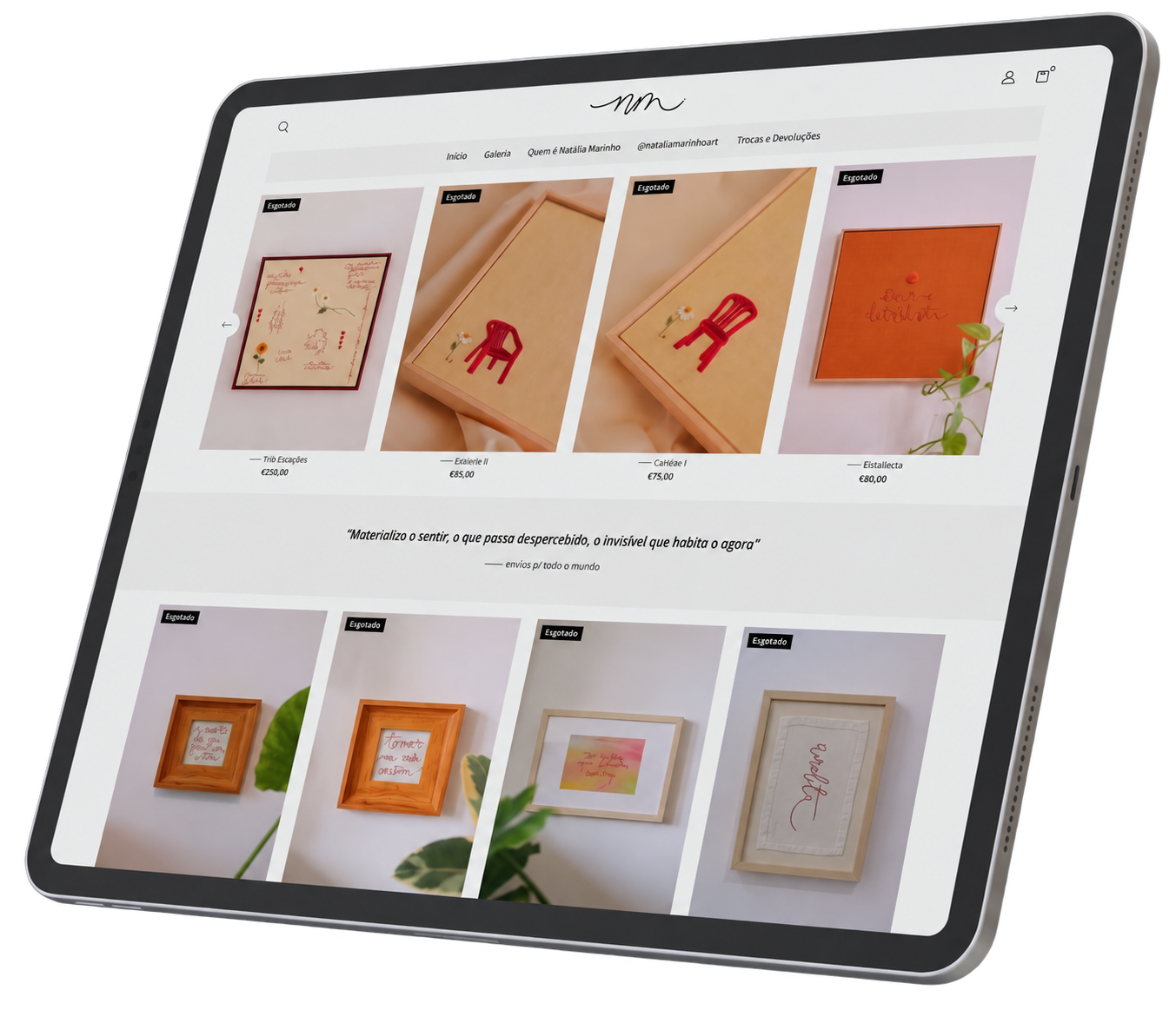 Galeria atual de obras autorais de Natália Marinho em um iPad