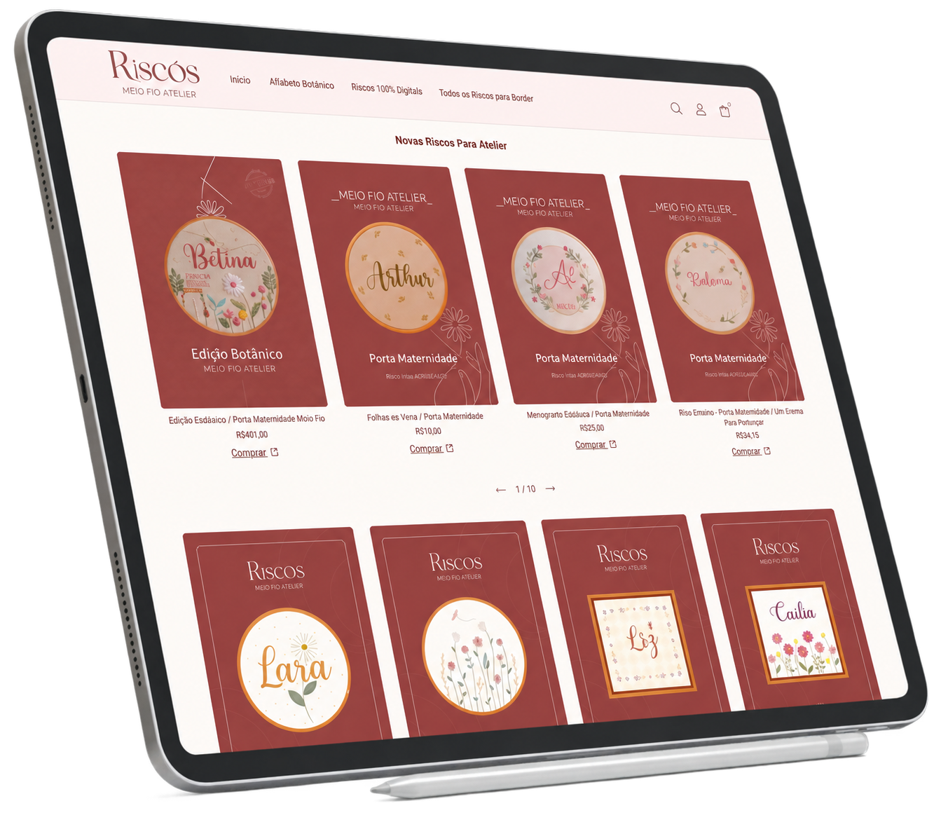Loja atual de riscos para bordar do Meio Fio Atelier em um iPad